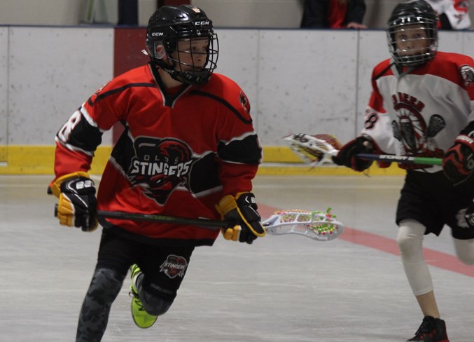 Talan Pappas of the Olds peewee Stingers heads up-floor.