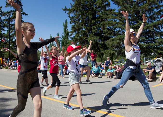 Dancers perform during the Canada Day parade in Olds.