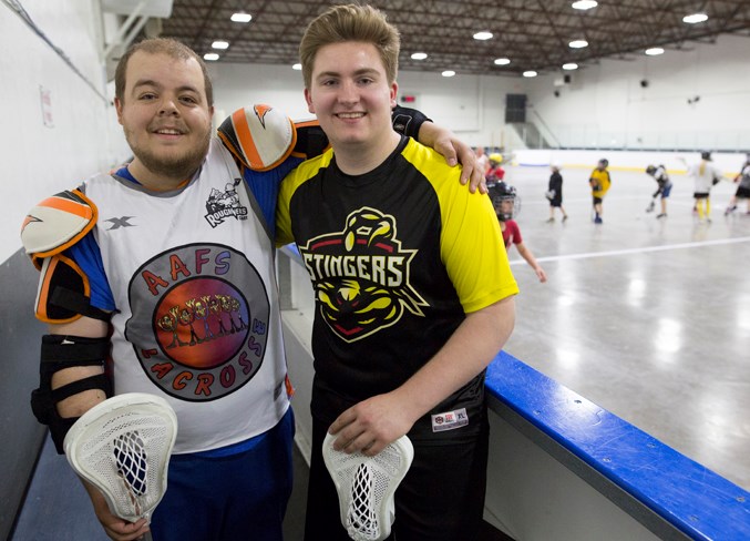 Owen Falk, left, and Sam Potter at the Olds Sportsplex.