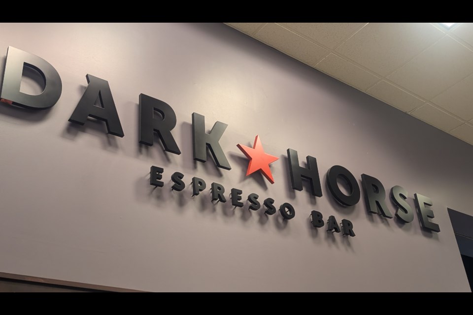 A sign for Dark Horse Espresso Bar at Indigo on Yonge Street in Newmarket.