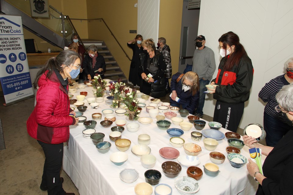 There was a huge selection of bowls for donors to choose from at the 2021 Empty Bowls event, held a the Old Town Hall.  Greg King for NewmarketToday