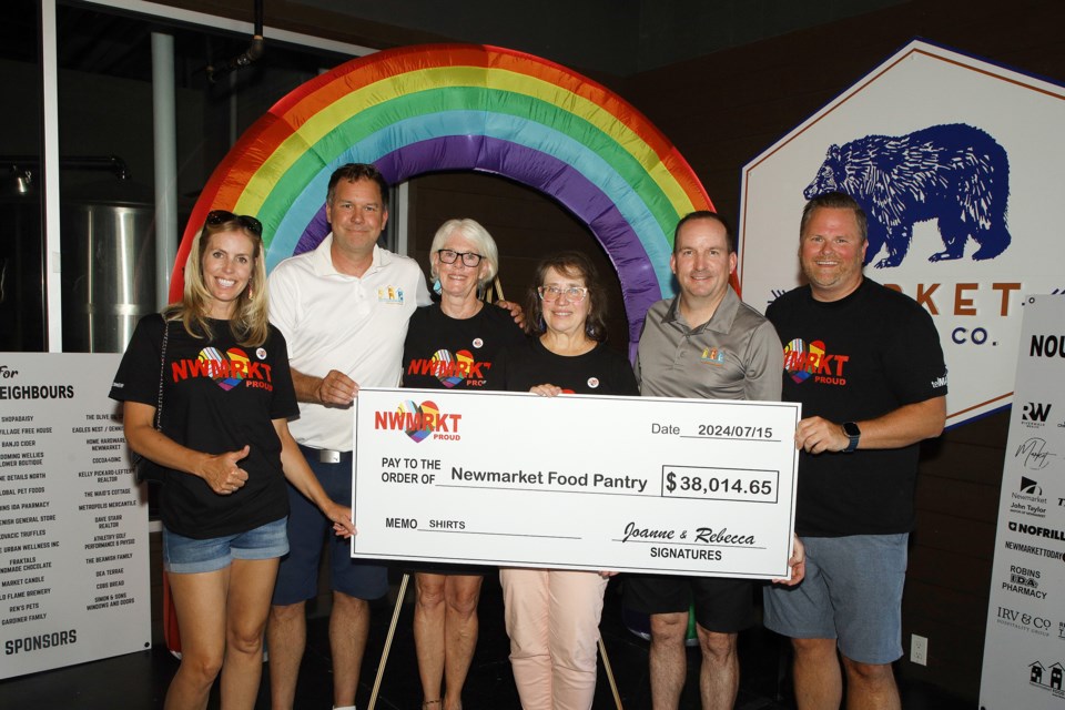 Rebecca Gardiner and Joanne Sweers present the big cheque for $38,014.65 to Newmarket Food Pantry executive director Adrian Bain (white shirt) and board members Morgan Foot (left), Mark Wretham and Chris Cartwright (far right.)