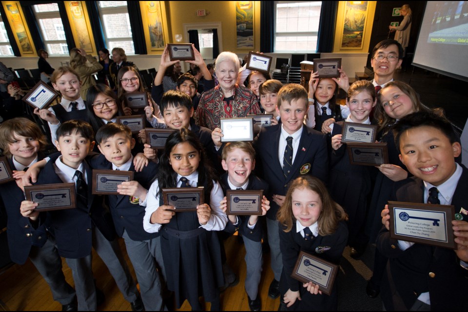 Ontario's Lieutenant-Governor, Elizabeth Dowdeswell, poses for a group shot with Pickering College's Grade 5 students at the My Key Idea event May 16. Supplied photo/Pickering College