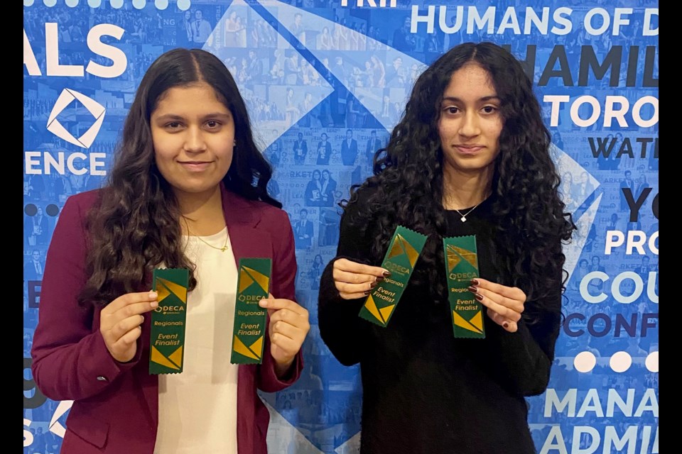 Pickering College students Daya Grover, of Innisfil, and Shrinidhi Seshadri earned top-10 positions at the DECA regional finals.