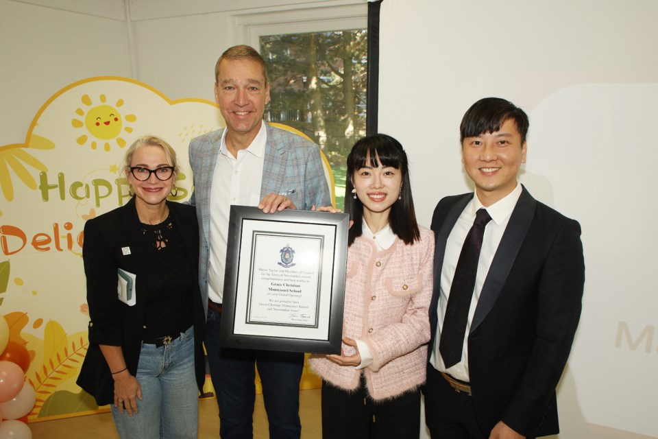 Newmarket Councillor Grace Simon (from left) and Mayor John Taylor celebrate the opening of Grace Christian Montessori school with owners Sara Wu and Paul Chen on Oct. 19. GCMS is a private school, at 602 Newpark Blvd., that delivers Christ-centred Montessori programs that promote whole-child development.