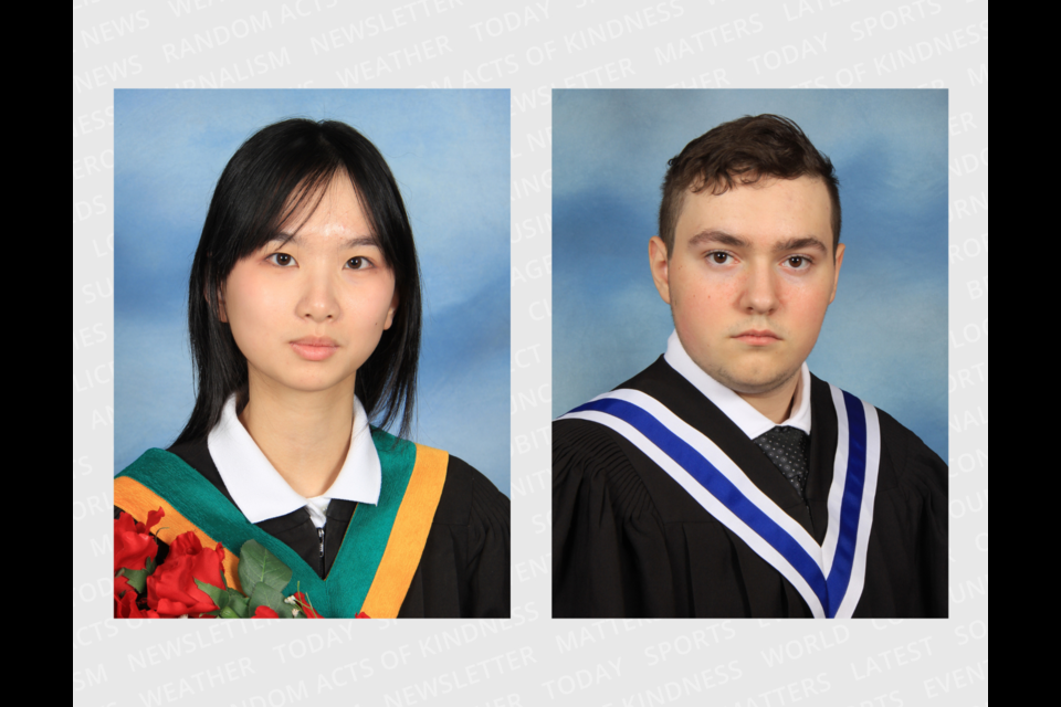 Emily Su graduated from Cardinal Carter Catholic High School in Aurora with a 100 per cent average, and Alec Zelec graduated from Father Bressani Catholic High School in Woodbridge with a 100 per cent average. 