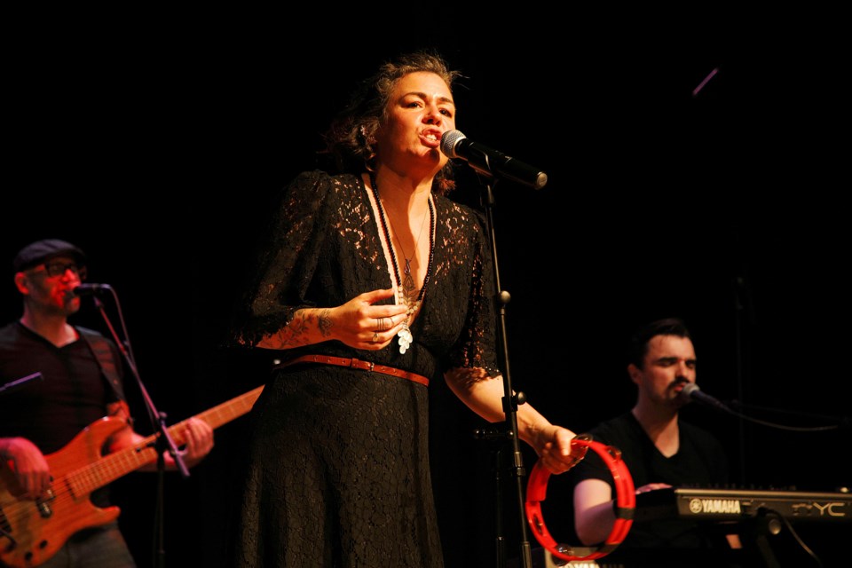 Meghan Parnell of Bywater Call belts out a song at the Old Town Hall last night.  Greg King for NewmarketToday