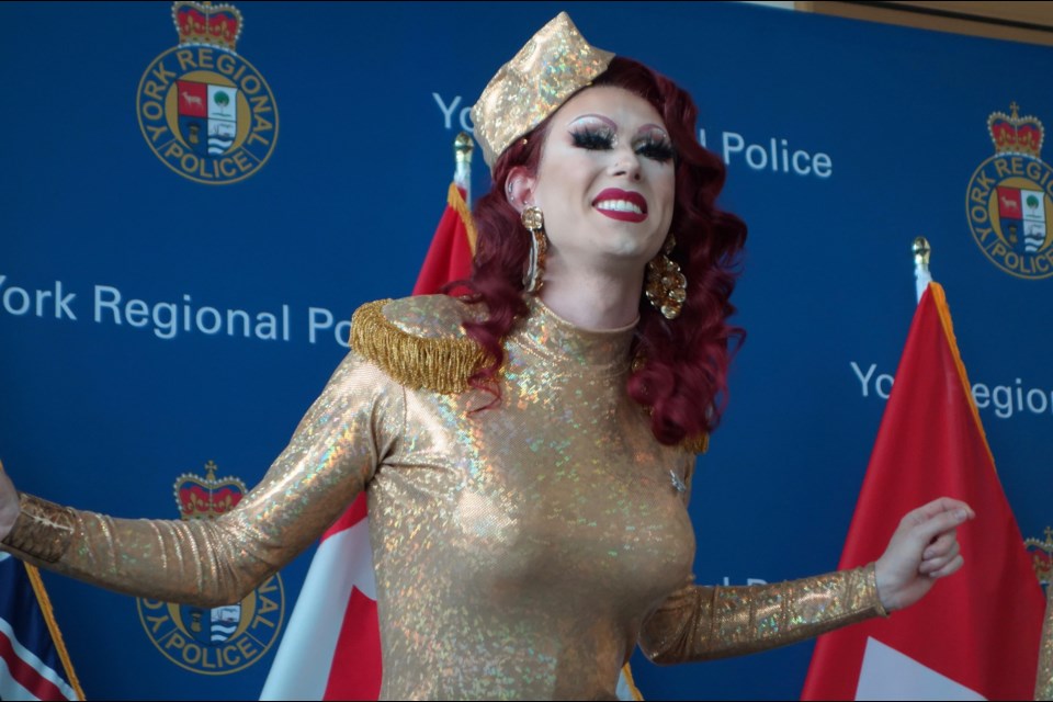  Athena Vegas sings at the Pride flag raising event at York Regional Police headquarters in this 2019 file photo. Debora Kelly/NewmarketToday                                                                                                                          