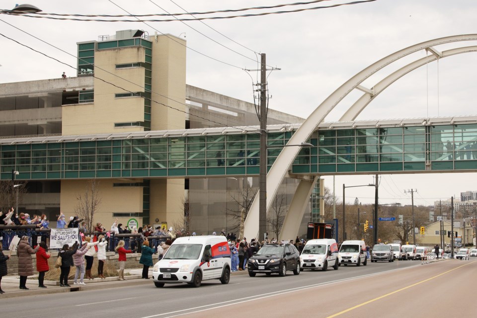 Canada Post workers formed a horn-blowing convey today to show their appreciation to the health-care workers and staff on the frontline at Southlake Regional Health Centre and Newmarket's seniors facilities.  Greg King for NewmarketToday