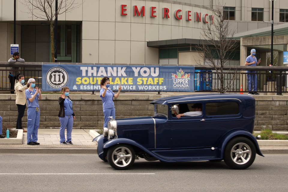 The HIghway 11 Cruisers car club shows its appreciation to the staff of Southlake Regional Health Centre frontline workers Saturday, May 2.  Greg King for NewmarketToday