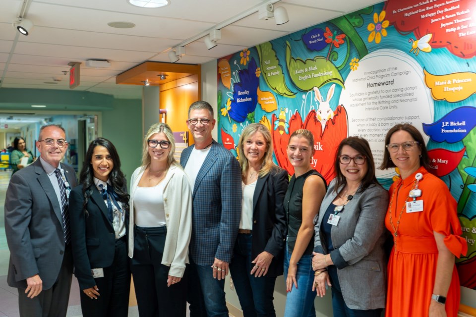 Southlake unveils the Homeward Campaign donor recognition wall in celebration of the completion of the campaign with Derek McNally, executive vice-president, clinical services and chief operating officer, Southlake, Puneet Sandhu, director, surgical, maternal and pediatric programs, Southlake, Sarah Neal, Chris and Wendy Neal, Homeward Campaign lead community volunteers, Zoe Neal, Jennifer Ritter, president and CEO, Southlake Foundation, Dr. Charmaine van Schaik, chief of staff, Southlake.