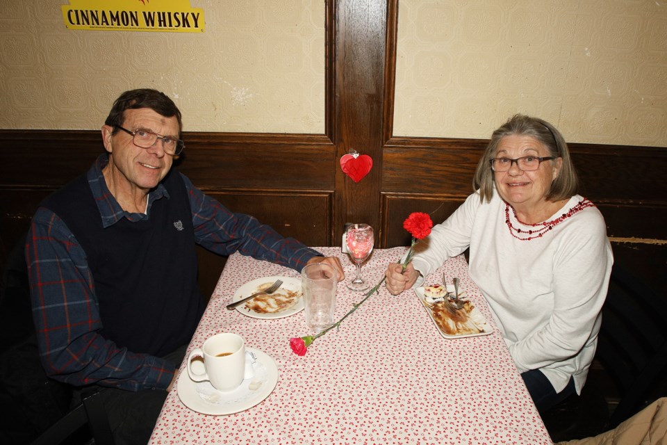 Ted Dodds and Dayna Dixon brought their own table cloth to The Olde Village Free House on Main Street Newmarket for their Valentine's Day celebration.  They've known each for 45 years and joke that together they've been married a total of 79 years but only six to each other.