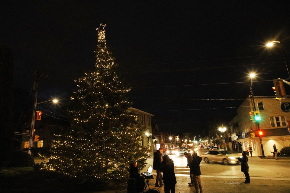 Newmarket's Christmas tree at the foot of Main Street is officially lit following a video launch on Facebook Friday night. COVID-19 safety restrictions prevented the usual large-scale live event. Greg King for NewmarketToday