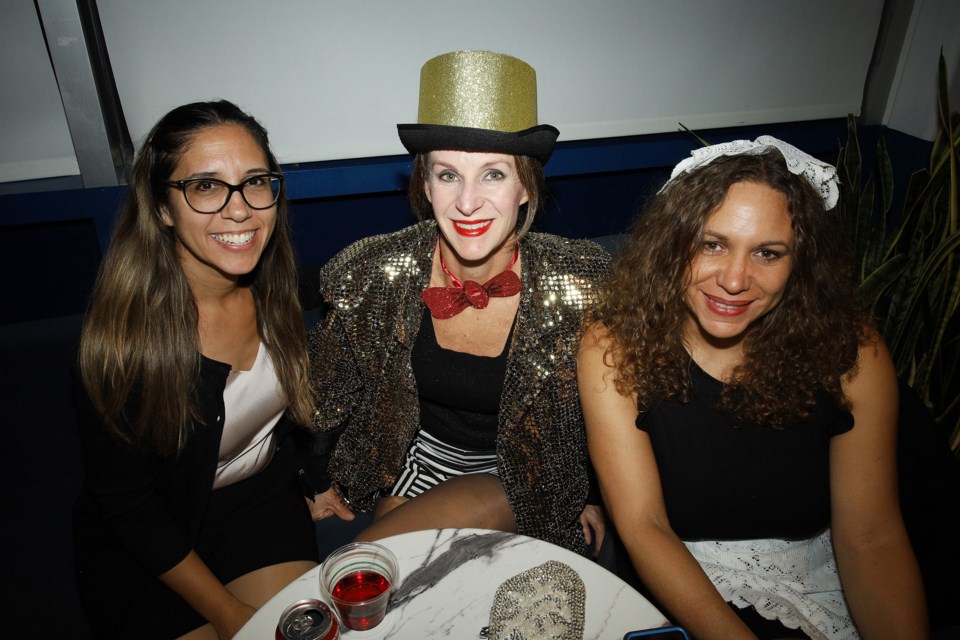 Nancy Perez as Janet, Veronica Meloche as Columbia, and Monique Durrant as Magenta at Newmarket's movie night with the cult classic Rocky Horror Picture Show at NewRoads Performing Arts Centre last night.