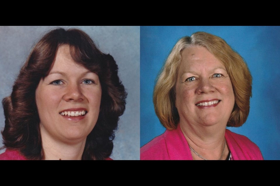 Mary Pollock in school photos from 1980, left, and 2020, right. 