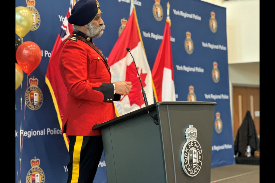 Keynote speaker RCMP Insp. Baltej Dhillon, the first Mountie to wear a turban as part of his uniform, discusses the challenges he faced as a minority in law enforcement at the York Regional Police celebration of Asian Heritage Month today in Aurora.