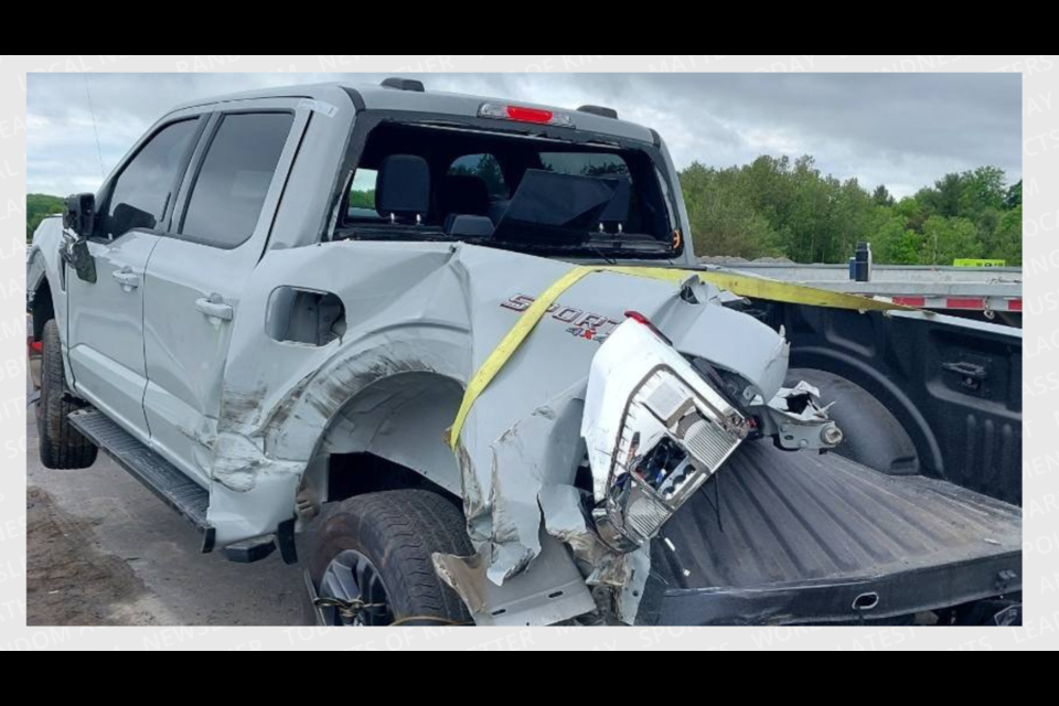 A pickup truck OPP say was stolen received extensive damage in the collision May 28 on Highway 400 in King.