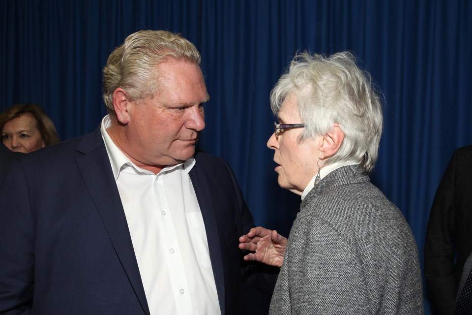 Former longtime Progressive Conservative York-Simcoe MPP Julia Munro has a chat with Premier Doug Ford at the Newmarket Legion last night.  Greg King for NewmarketToday