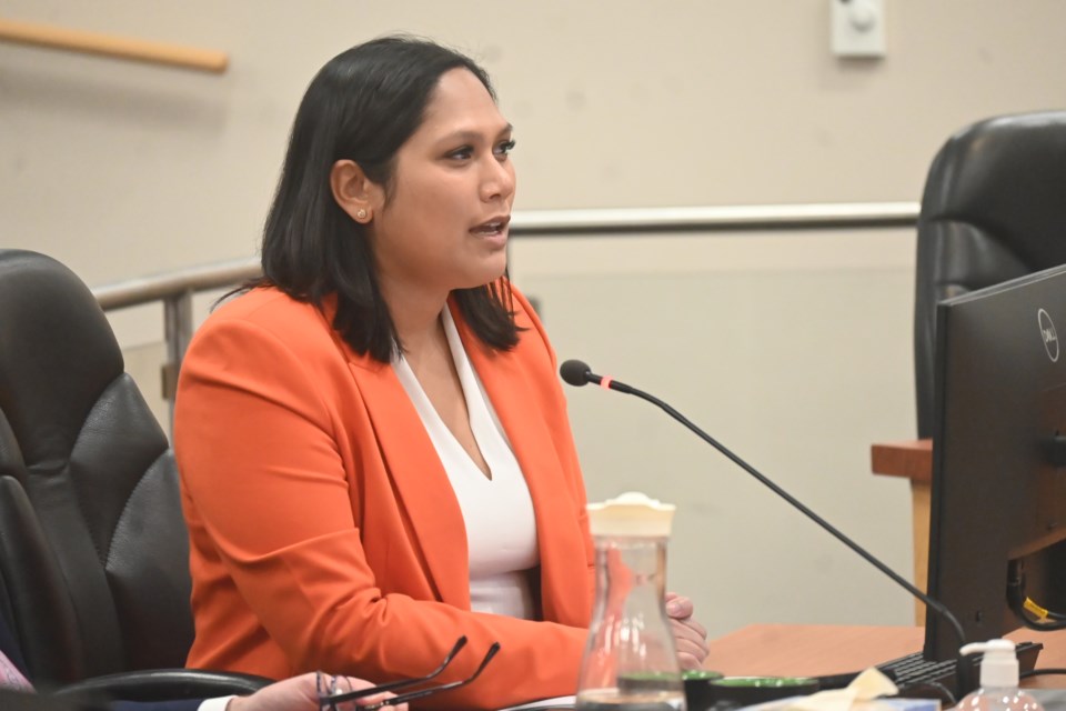 Newmarket Public Library CEO Tracy Munusami addresses council about a library rebrand April 24.