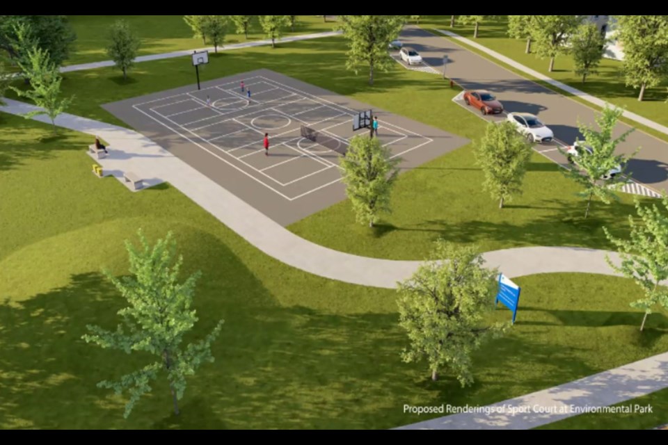 A rendering of a proposed new sports pad at Environmental Park featuring pickleball and basketball.