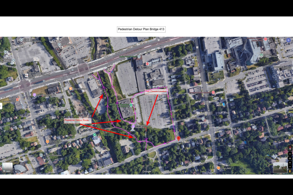 A map of a detour route for a bridge replacement on the Tom Taylor Trail Nov. 20 and 21.