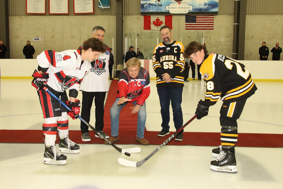 Newmarket Deputy Mayor Tom Vegh drops the ceremonial puck at the Magna Centre to officially kick off the 17th annual Battle of Yonge Street.