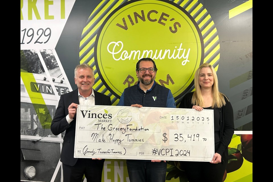 Grocery Foundation executive director Shaun McKenna (from left), president of Vince’s Market Giancarlo Trimarchi and Vince's Market ambassador of community support Maria Ciarlandini at a Jan. 15 cheque presentation


