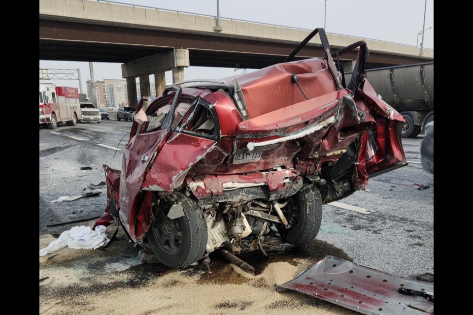 One of the three vehicles involved in the collision on Highway 400 and Highway 7 Jan. 20. No serious injuries were sustained to the driver of this car, according to the OPP Highway Safety Division.