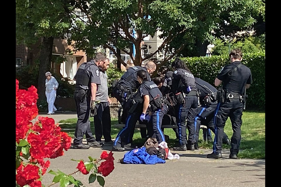 Police respond to a mental health call at the New Westminster Quay.