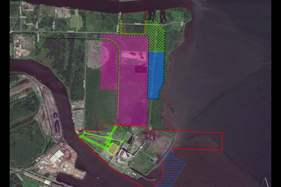 City of Thunder Bay aerial photo of Mission island with former OPG power plant property outlined in red.