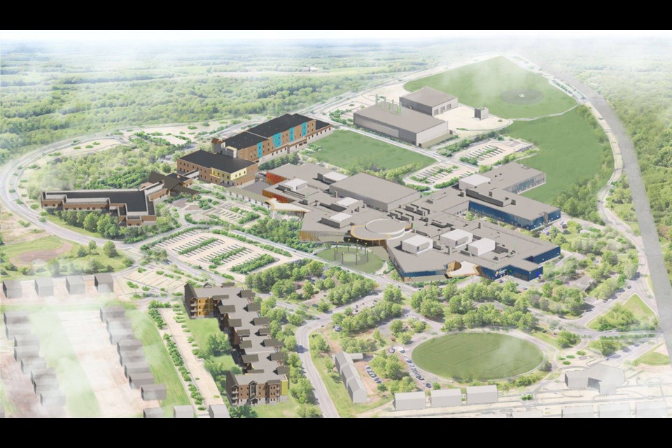 A rendering depicts an aerial view of the proposed new Weeneebayko Health Authority facility.