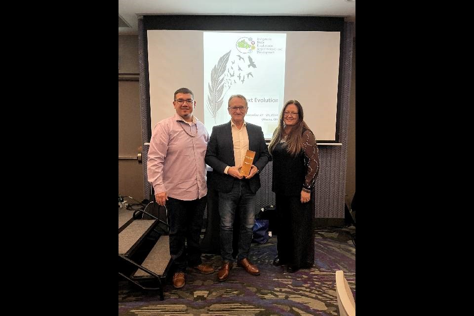 The LiUNA Local 607 Training Centre was recognized for its efforts training Indigenous people in northwestern Ontario. From left are Danny Deleary, manager of special projects with the Aboriginal Apprenticeship Board of Ontario; Andy Nieweglowski, training director for LiUNA Local 607 Training Centre; and Valerie Vanderwyk, executive director for the Aboriginal Apprenticeship Board of Ontario.  