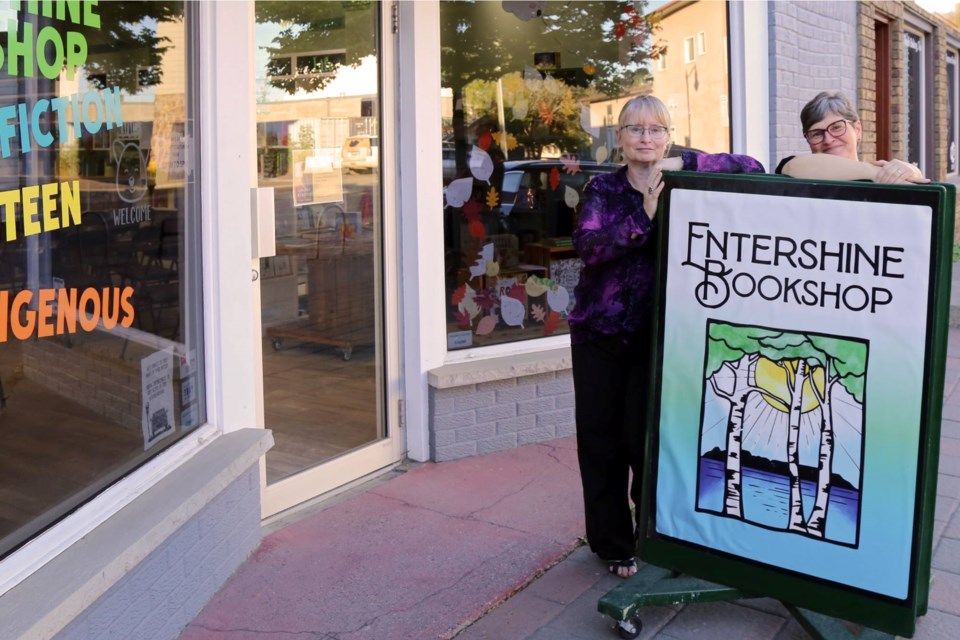 Lynne Warnick (left) and Jenn McKenzie outside of their bookstore in Thunder Bay, Entershine Bookshop, before local author Lance Robinson’s book launch.