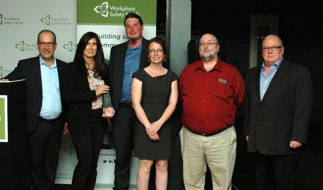 The 2019 Workplace Safety North President’s Award winner for Northern Ontario Business is Nordic Minesteel Technologies of North Bay. Pictured are (from left) WSN CEO Paul Andre, Tracy Fleury, Nic Barron, Heather Johnston, Gord Brooks, and Rob Authier. (Supplied photo)