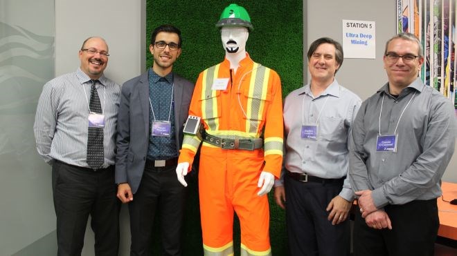 The engineering group at Jannatec Technologies demonstrated its wearable technology at the Sudbury company’s recent open house. From left are Jason Buie, manager of research and development; Kevin Reynen, product designer; Steffon Luoma, senior research scientist; and Dan O’Connell, electronics technologist. (Lindsay Kelly photo)