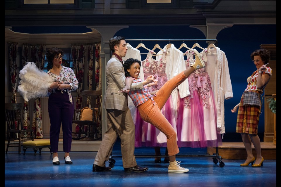 Olivia Sinclair-Brisbane as Seamstress, Kevin McLachlan as Phil Davis, Catherine Dubois as Susan Waverly and Alodie Gillett as Assistant Seamstress in Irving Berlin's White Christmas. 