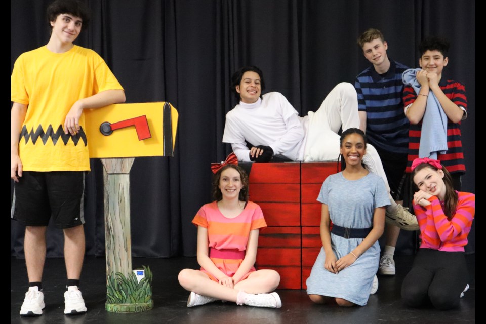 Avery Kasper as Charlie Brown, with (back} Alex Bergshoeff as Snoopy, Liam Marriott as Schroeder, Diego Rey as Linus: and (front) Maya Sternin as Sally, Catherine Dubois as Lucy, and Leah Hyatt as Sally - she and Sternin share the role. 