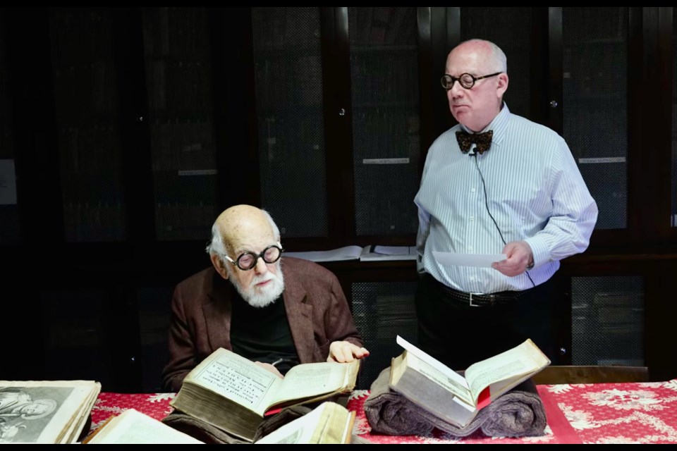 Donald Combe and Peter Babcock discuss the books brought to Niagara, now stored in the Addison Library. 