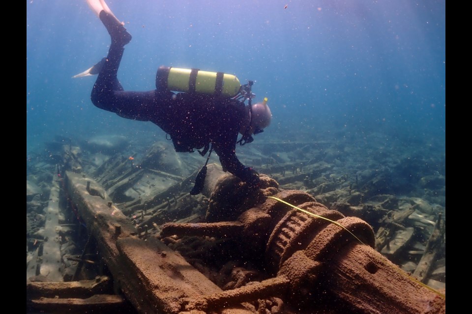 OMHC member Doug Holmes measuring sections of a ship wreck in Lake Huron. | David Gilchrist