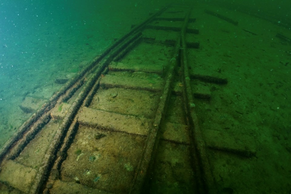 Railroad tracks still lie at the bottom of Sherkston Quarry.                             