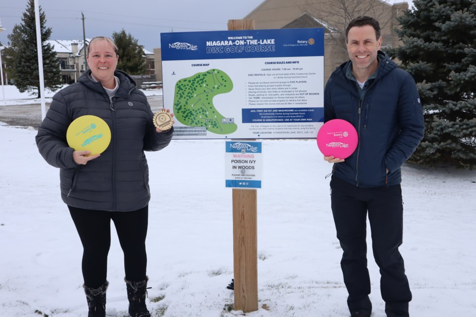 Andrea Michaud and Paul Lalonde are excited to see more than 50 disc golfers coming to play at the Rotary Club course in NOTL on January 4. 