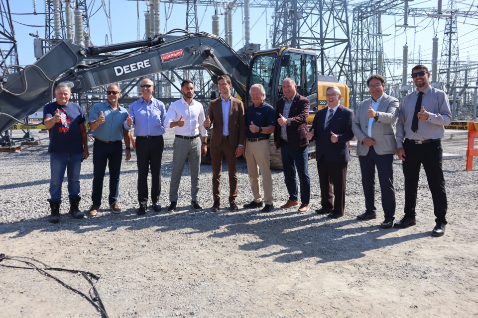 L-R: Pelham Mayor Marvin Junkin, Niagara Falls Mayor Jim Diodati, Hydro One's David Lebeter, Energy Minister Stephen Lecce, MPP Sam Soosteroff, Thorold Mayor Terry Ugulini, Port Colborne Mayor Bill Steele, Regional Chair Jim Bradley, NOTL Lord Mayor Gary Zalepa, Wainfleet Mayor Brian Grant.