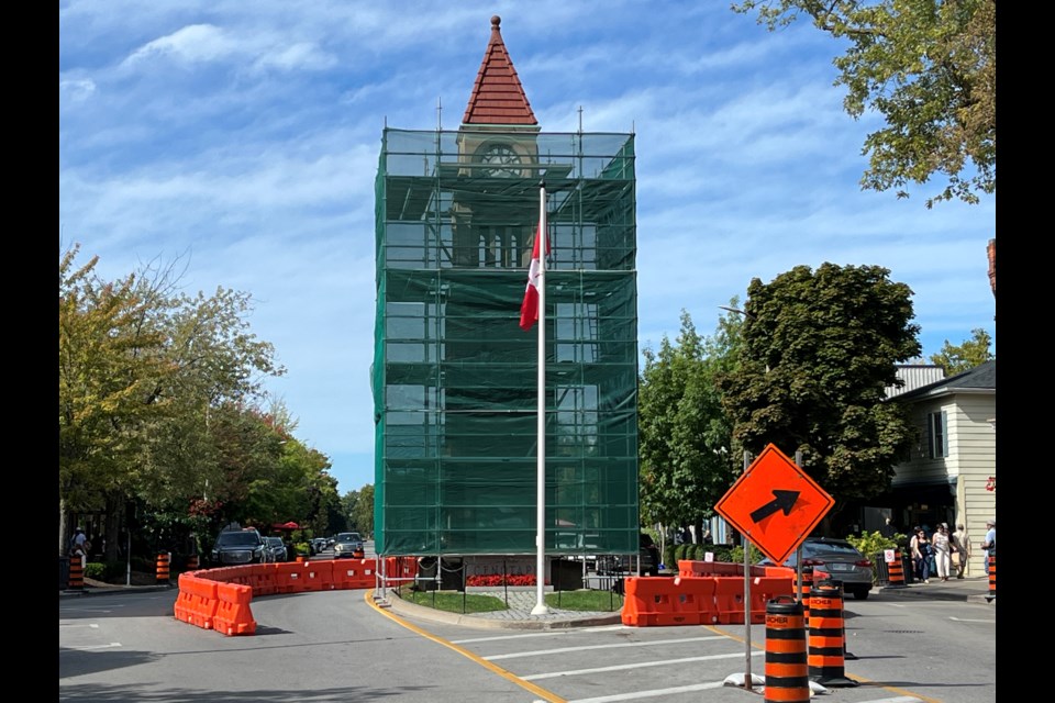 The iconic 100-plus-year-old cenotaph on Queen Street is surrounded by scaffolding as restoration work begins. 