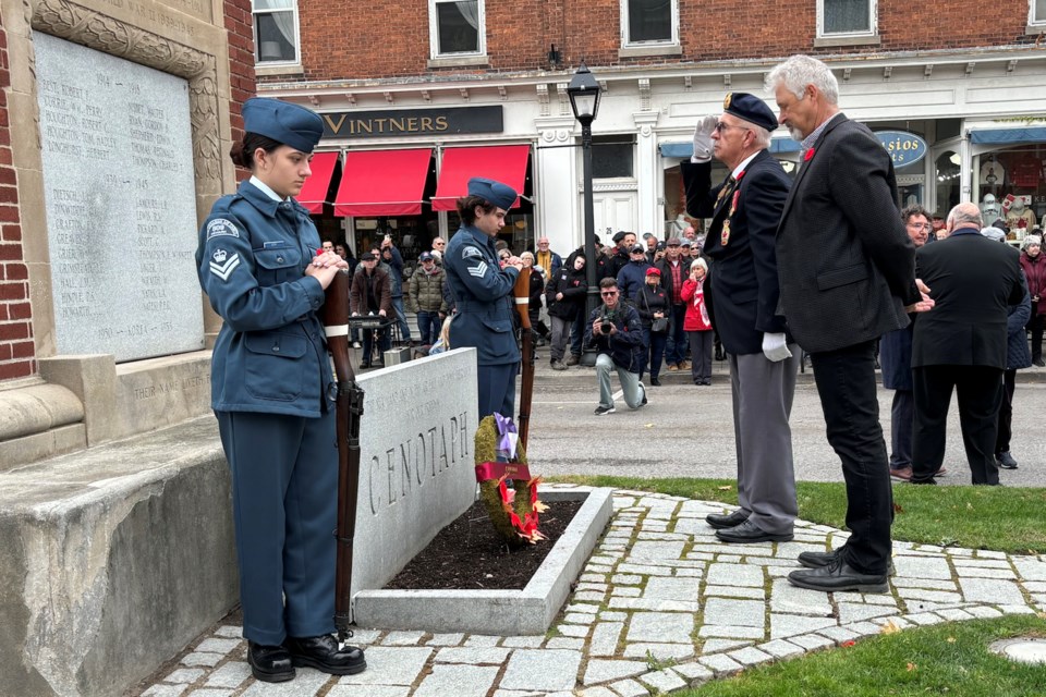 F. Cpl. Teia Epp stands guard at the Queen Street Cenotaph on Remembrance Day. | File Photo