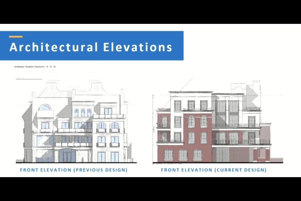 Architect's renderings of the original design and elevation and the current amended proposal. 