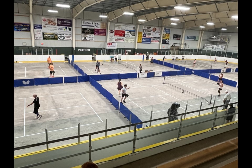 There were six pickleball courts on the go Saturday at the Meridian Credit Union Arena. Cogeco’s YourTV had cameras set up to record and broadcast the games.