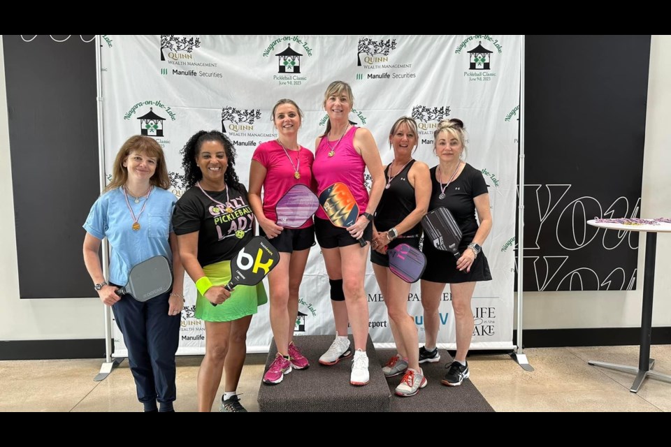 Women's age 80 and under, skill level 2.5 - First: Candice Adams and Tracey Noble (centre), Pippa de Leonardis and Cathy Buis (right), Third: Sonia Bayley and Debra Egan (left).