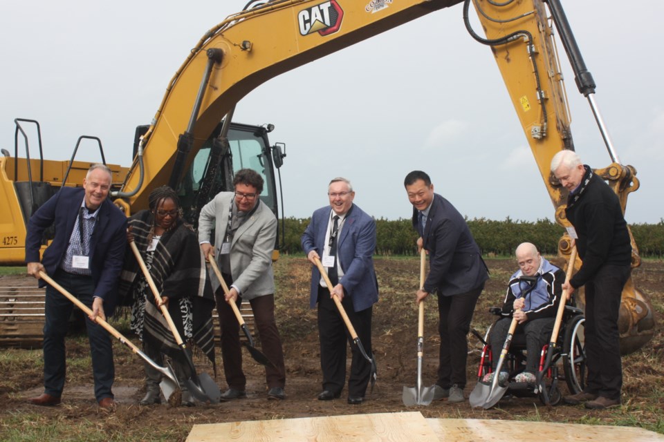 Radiant Care chief executive officer Tim Siemens, left, Pleasant Manor senior administrator Fola Akano, Lord Mayor Gary Zalepa, Niagara Region chair Jim Bradley, Ontario Minister of Long-Term Care Stan Cho, PLeasant Manor resident Bill Dick, and Pleasant Manor board president Glen Unruh at a groundbreaking ceremony for Pleasant Manor's new 160-bed facility. 
