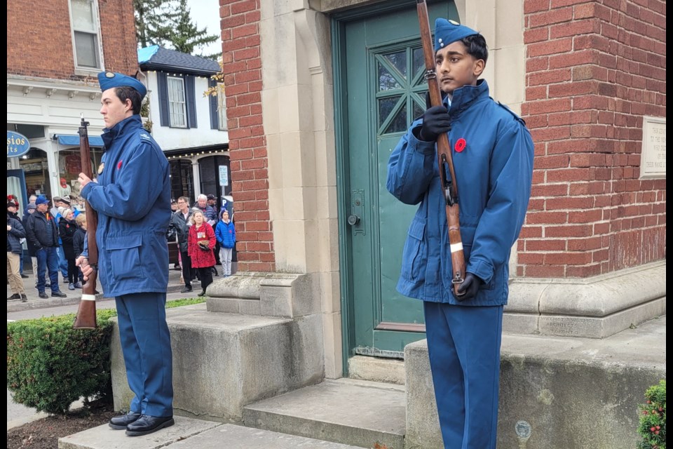 809 Squadron cadets watch over the cenotaph before the Remembrance Day service begins.