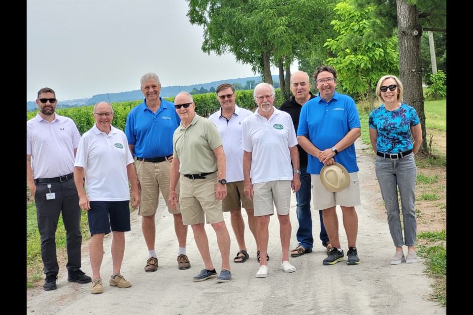 Town parks and rec manager Kevin  Turcottte, committee chair Rick Meloen, Coun. Erwin Wiens, commttee members Tony Chisholm, Brandon Carter, Richard Coyne and Albrecht Seeger, Lord Mayor Gary Zalepa and Coun. Wendy Cheropita meet on the heritage trail at Line 1 to make a plea for financial support.